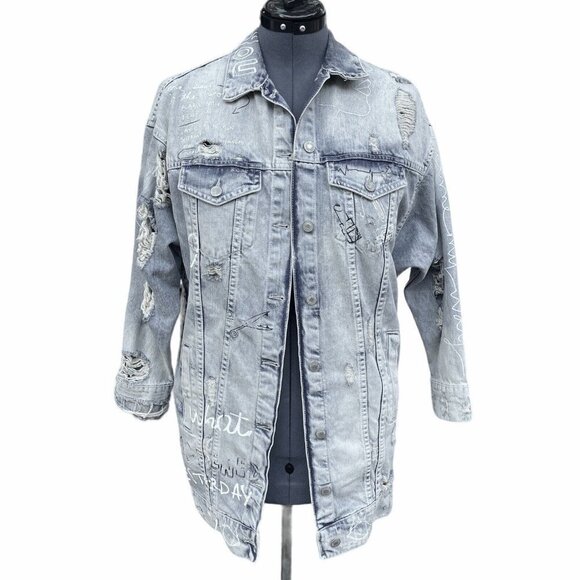 ZARA TRAFALUC DENIM Destroyed Graffiti Long Jean Jacket Women Small 90s Grunge - Picture 3 of 16